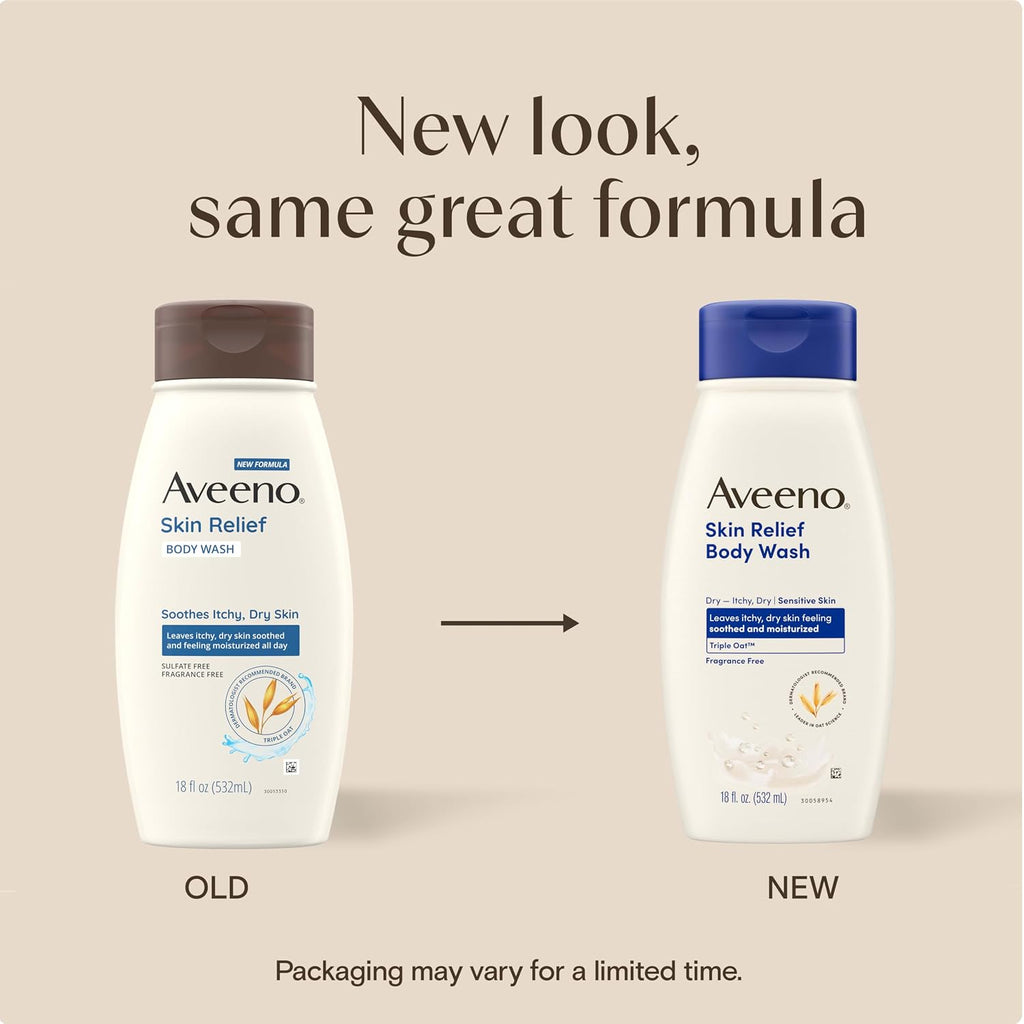 Aveeno Skin Relief Body Wash With Triple Oat Complex, Fragrance-Free, Gentle Daily Body Wash For Sensitive Skin Leaves Itchy, Dry Skin Feeling Soothed & Moisturized 18 Fl Oz