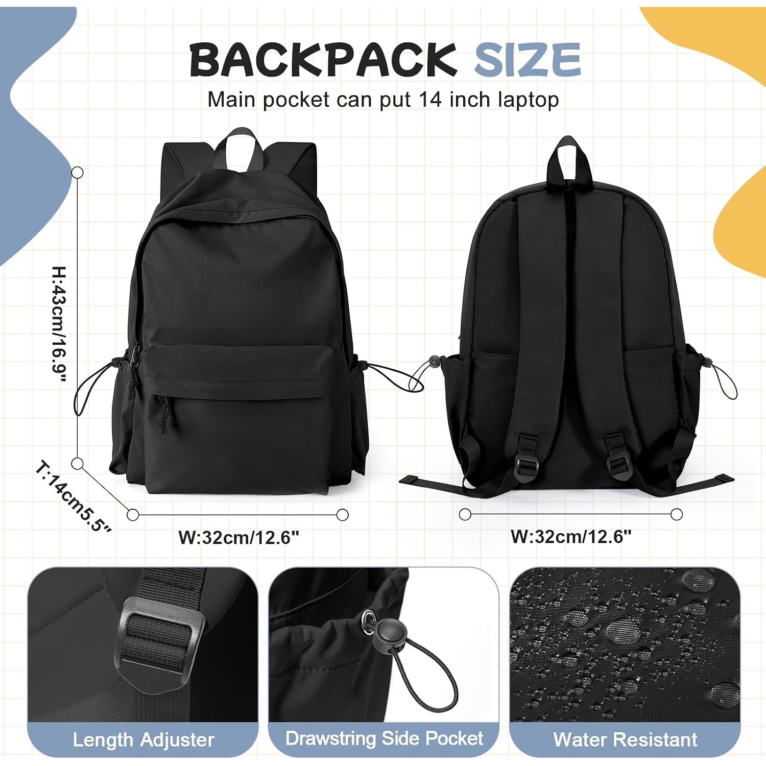 Black School Backpack For Girls Women Waterproof High School Book Bag Cute Backpack For Men Teens Boys, Lightweight Simple Middle School Back Pack Daypack