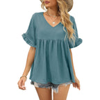 WIHOLL Womens Tops Casual V Neck Ruffle Sleeve T Shirts Babydoll Loose Fit Peplum Tops
