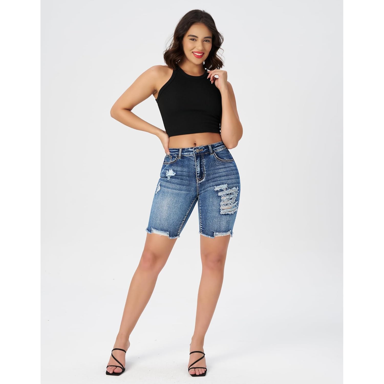 Women's High Waisted Stretchy Denim Bermuda Shorts Ripped Casual Summer Jean Shorts