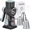 Rotary Cheese Grater With Handle Kitchen Shredder Slicer Grater Slicer Ice Shaver Cheese Vegetable Nuts Potato Zucchini Chocolate 3 Interchangeable Blades (Greyblue