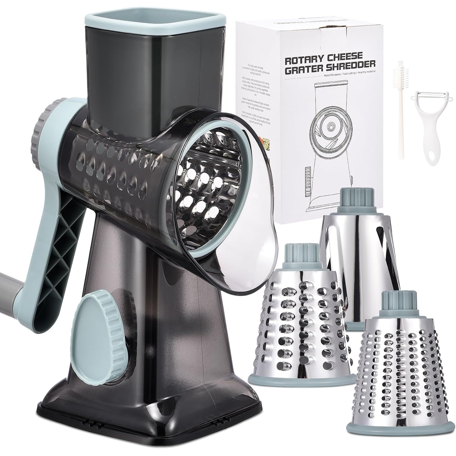 Rotary Cheese Grater With Handle Kitchen Shredder Slicer Grater Slicer Ice Shaver Cheese Vegetable Nuts Potato Zucchini Chocolate 3 Interchangeable Blades (Greyblue