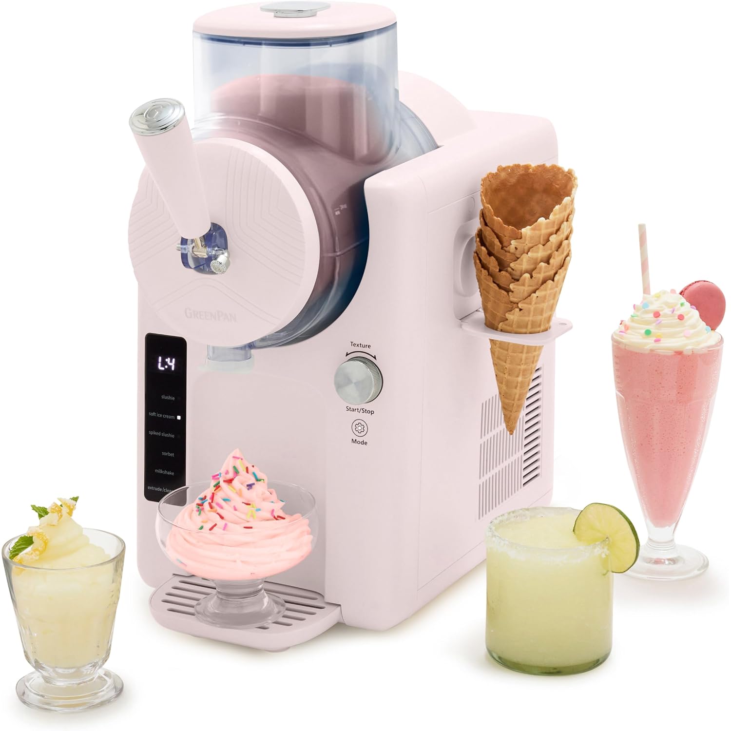 GreenPan Frost Ice Cream Maker & Slushie Machine, Soft Serve, Sorbet, Margaritas, Milkshakes, Frozen Yogurt, No Pre-Freezing, Ready in 15 Mins, 6 Modes, 7 Textures, Self-Cleaning, Family Size, Pink