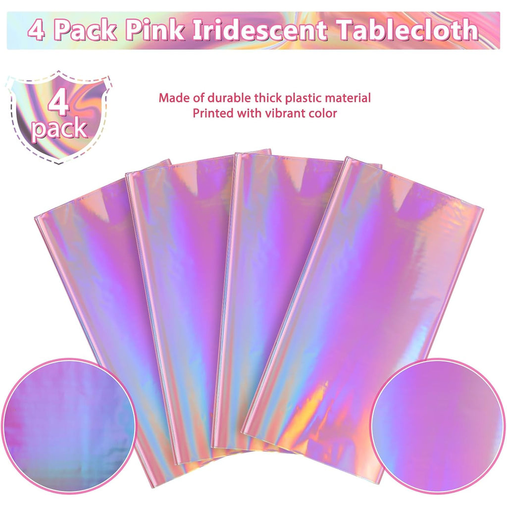 4 Pack Iridescent Pink Plastic Tablecloths, FunnyPars Shiny Disposable Laser Rectangle Table Covers, Holographic Foil Tablecloth Iridescent Party Decorations for Kpop Birthday Wedding Xmas, 54x108Inch