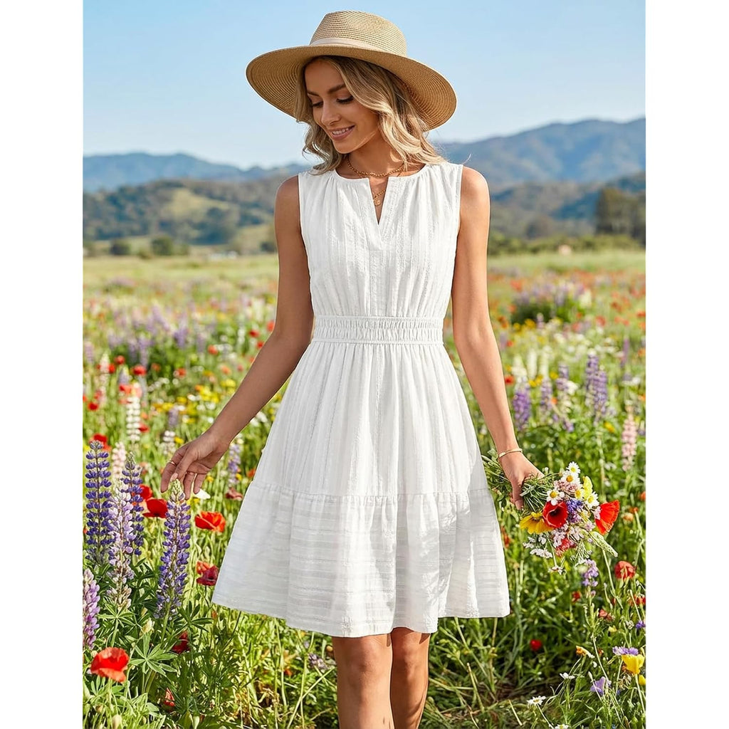 Merokeety Women'S 2026 Summer Casual Mini Sundress Beach Vacation Sleeveless V Neck Flowy A Line Dress With Pockets