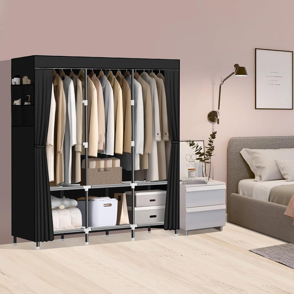 Lokeme Wardrobe Closet,Portable Closet For Bedroom Steel Pipe Diameter 19Mm Strong And Sturdy Black Portable Closets For Hanging Clothes With 3 Hanging Rods, 6 Storage Shelves And Side Pockets