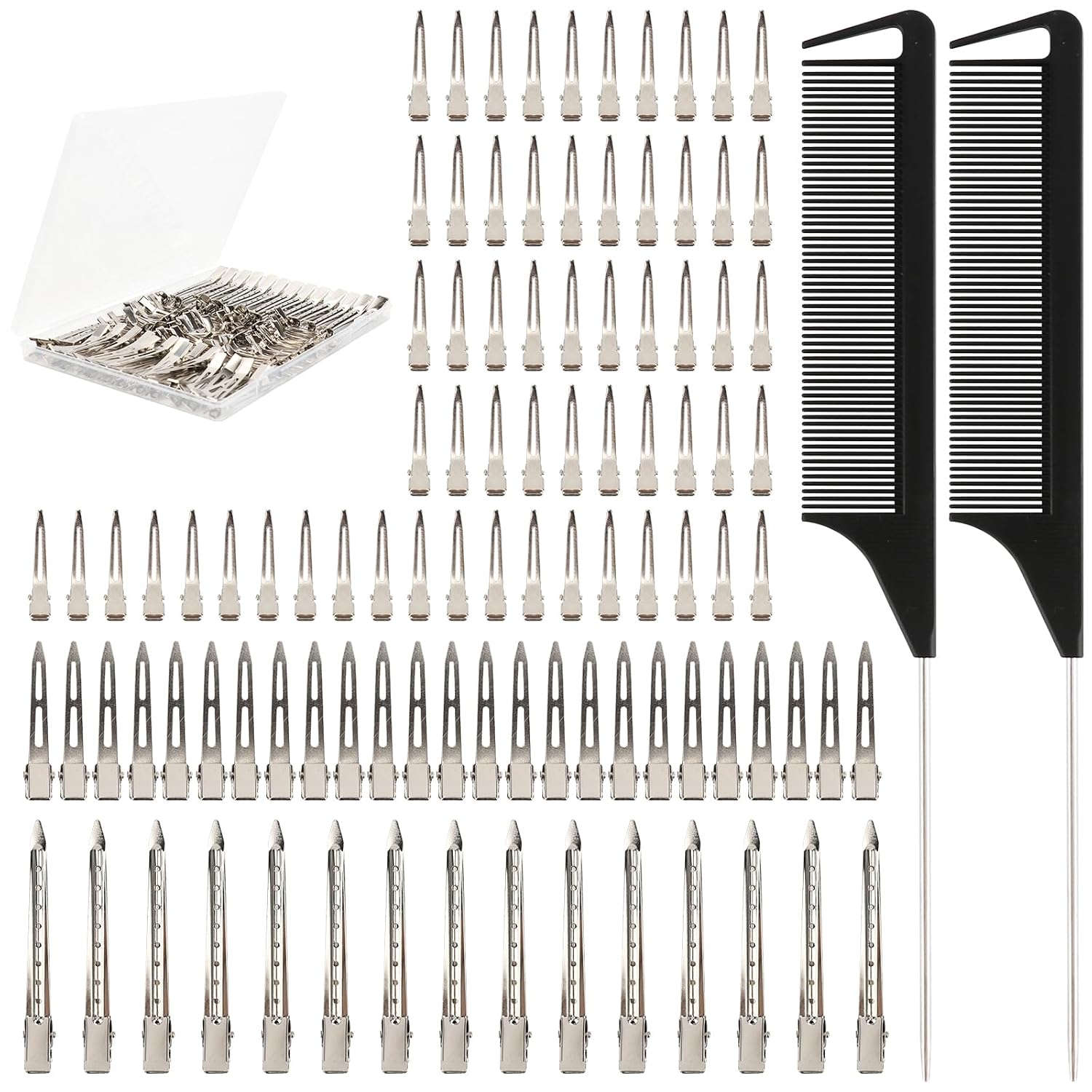 100 Pcs Silver Metal Alligator Clips 3 Sizes,Curling Clip, Hair Styling, And Item Fixation, Diy Accessories. Two Distribution Combs For Braids, Coloring And Styling