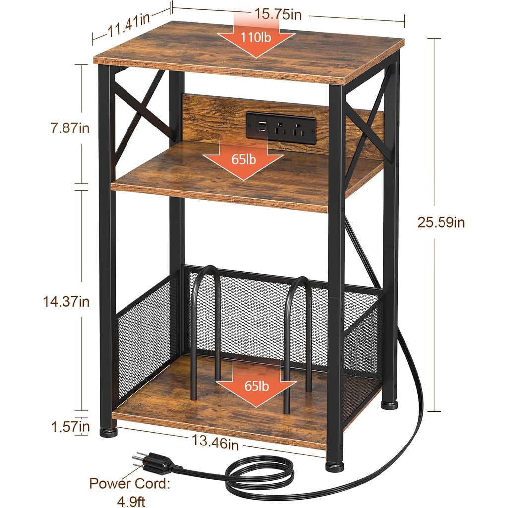 Amhancible Record Player Stand With Charging Station, Turntable Stand With Storage Cabinet, 3 Tier End Table Hold Up To 100 Albums, Record Table For Vinyl, Living Room, Rustic Brown, Hetcd01Br-1