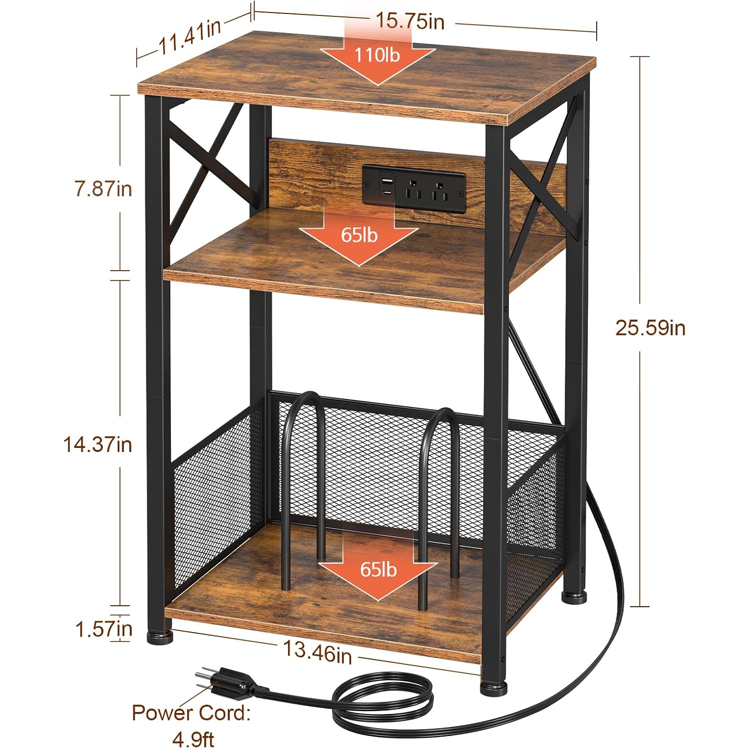 Amhancible Record Player Stand With Charging Station, Turntable Stand With Storage Cabinet, 3 Tier End Table Hold Up To 100 Albums, Record Table For Vinyl, Living Room, Rustic Brown, Hetcd01Br-1