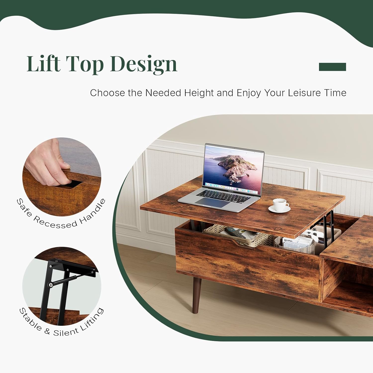 Wood Lift Top Coffee Table With Hidden Storage Compartment & Open Shelf, Multi-Functional Wooden Tabletop Dining Table For Living Room, Home Small Space