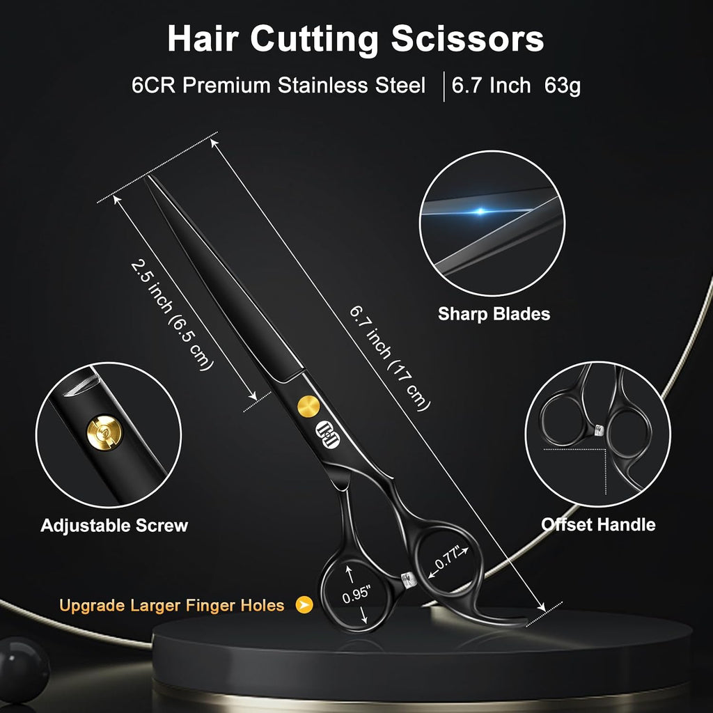 Hair Cutting Scissors Shears Kit, Professional Barber Haircut Scissors Set (6.7 Inch Hair Beard Hairdressing Trimming Haircutting Thinning Shears) For Men Women Hairdresser Home Salon (Black)