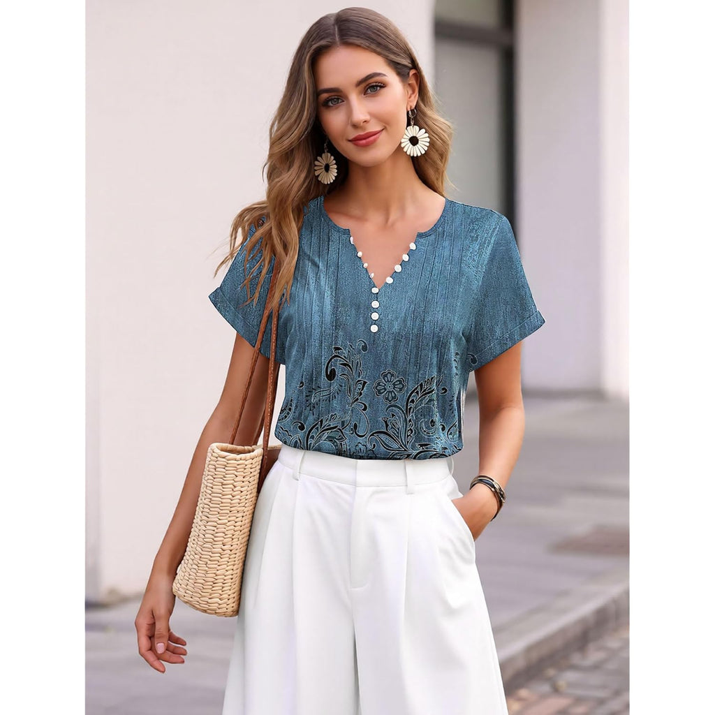 Short Sleeve Shirts for Women V Neck Button Down Floral Soft Boho Womens Blouses Casual Loose Fit Peasant Blouse