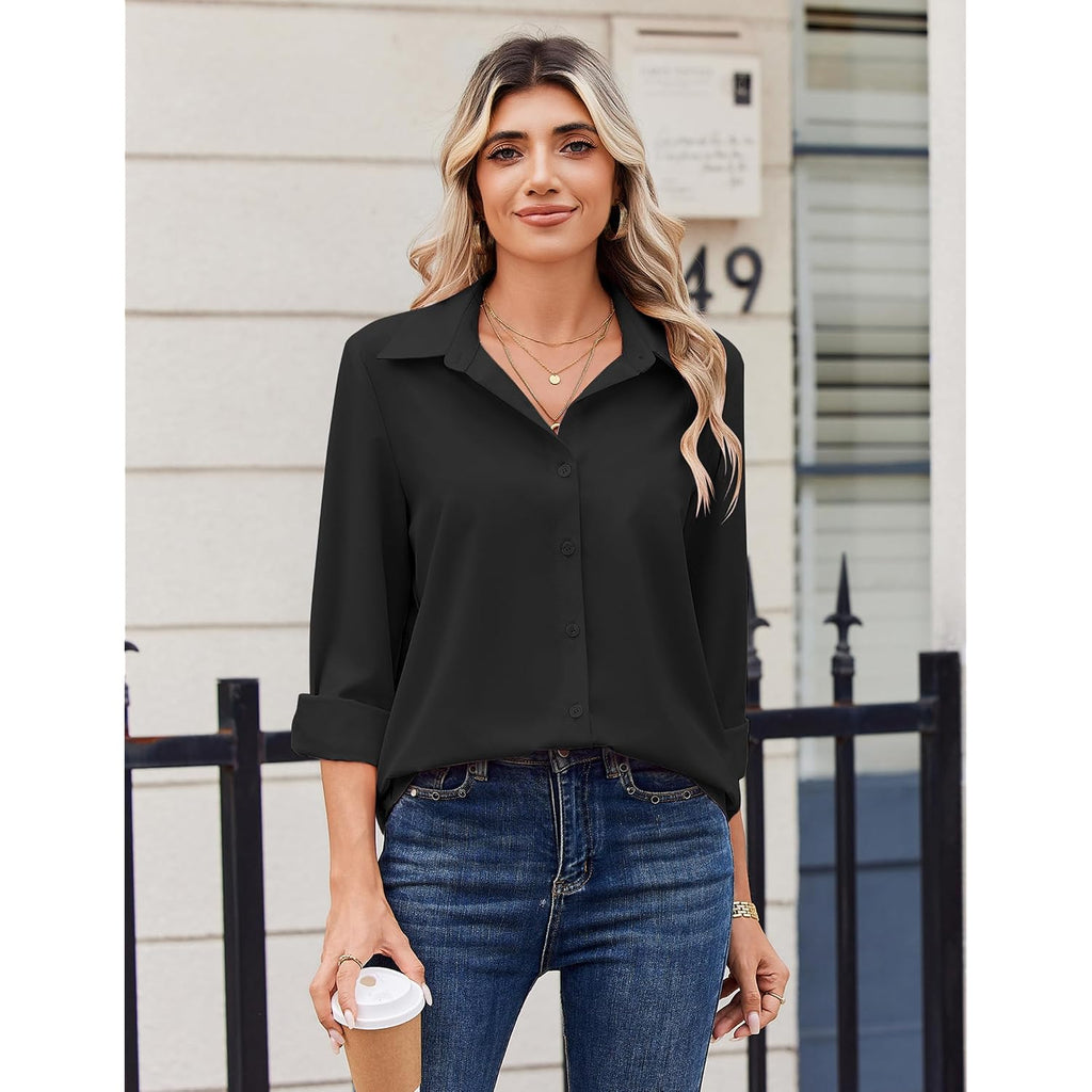 Zeagoo Blouse For Women Dressy Long Sleeve Button Down Shirts Business Casual Outfit Lightweight Solid/Printed Tops
