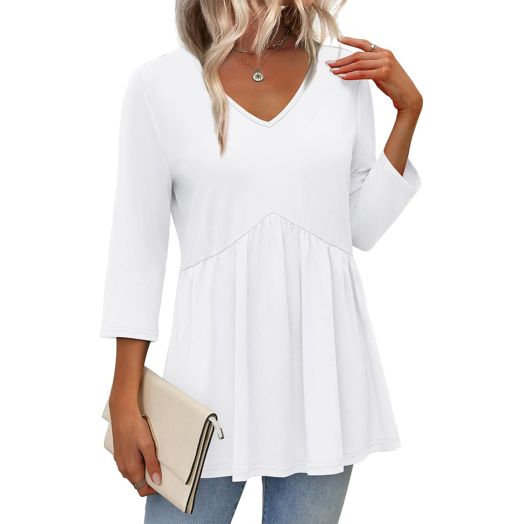 Ofeefan 3/4 Length Sleeve Womens Tops 2025 Blouses For Women Dressy Casual Fashion Clothing V Neck Babydoll Tops Fall Outfits