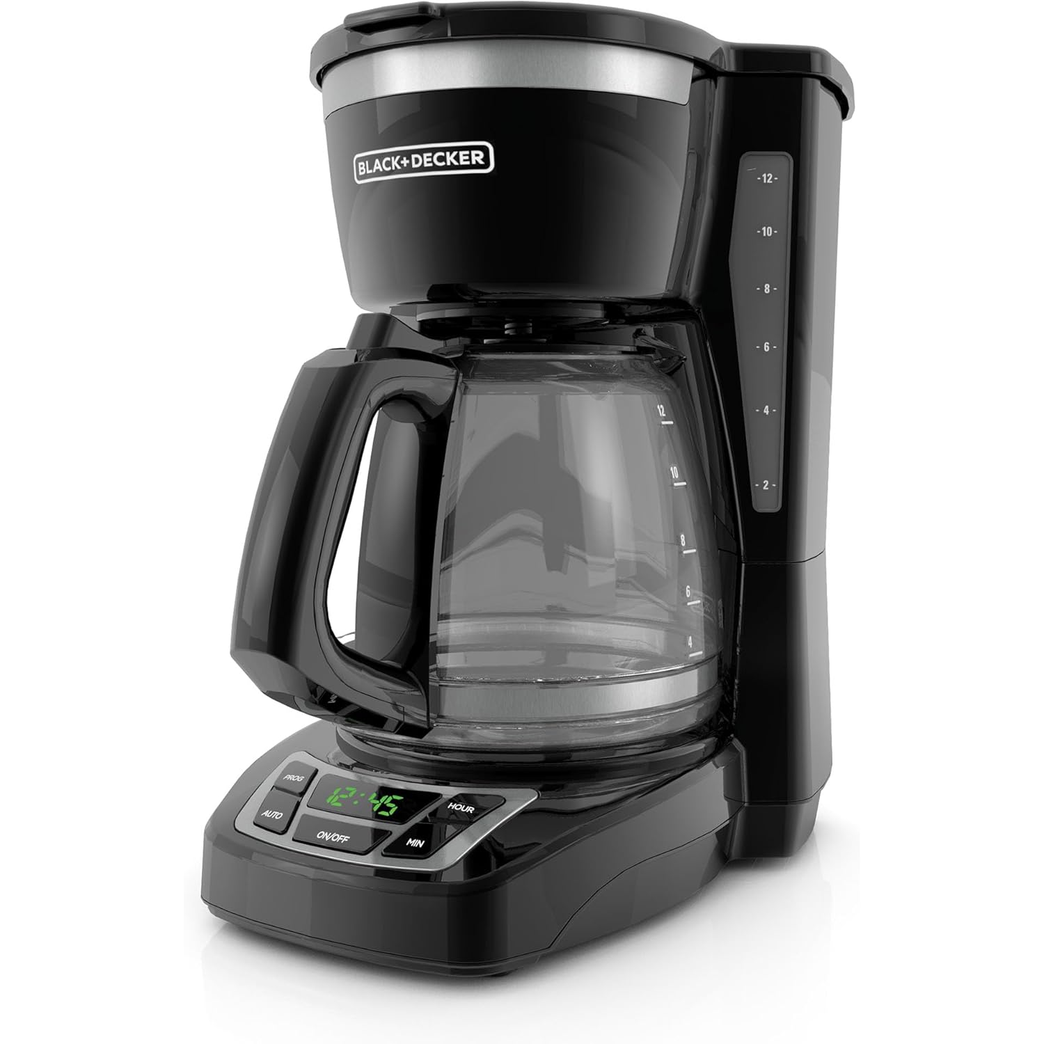 BLACK+DECKER 12-Cup Digital Coffee Maker, Programmable, Washable Basket Filter, Sneak-A-Cup, Auto Brew, Water Window, Keep Hot Plate, Black