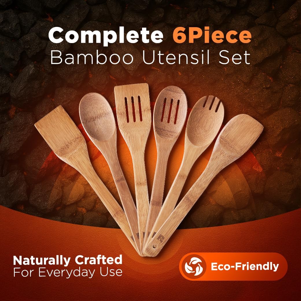Riveira Dark Bamboo Wooden Spoons For Cooking 6-Piece, Apartment Essentials Wood Spatula Spoon Nonstick Kitchen Utensil Set Premium Quality Housewarming Gifts For Everyday Use
