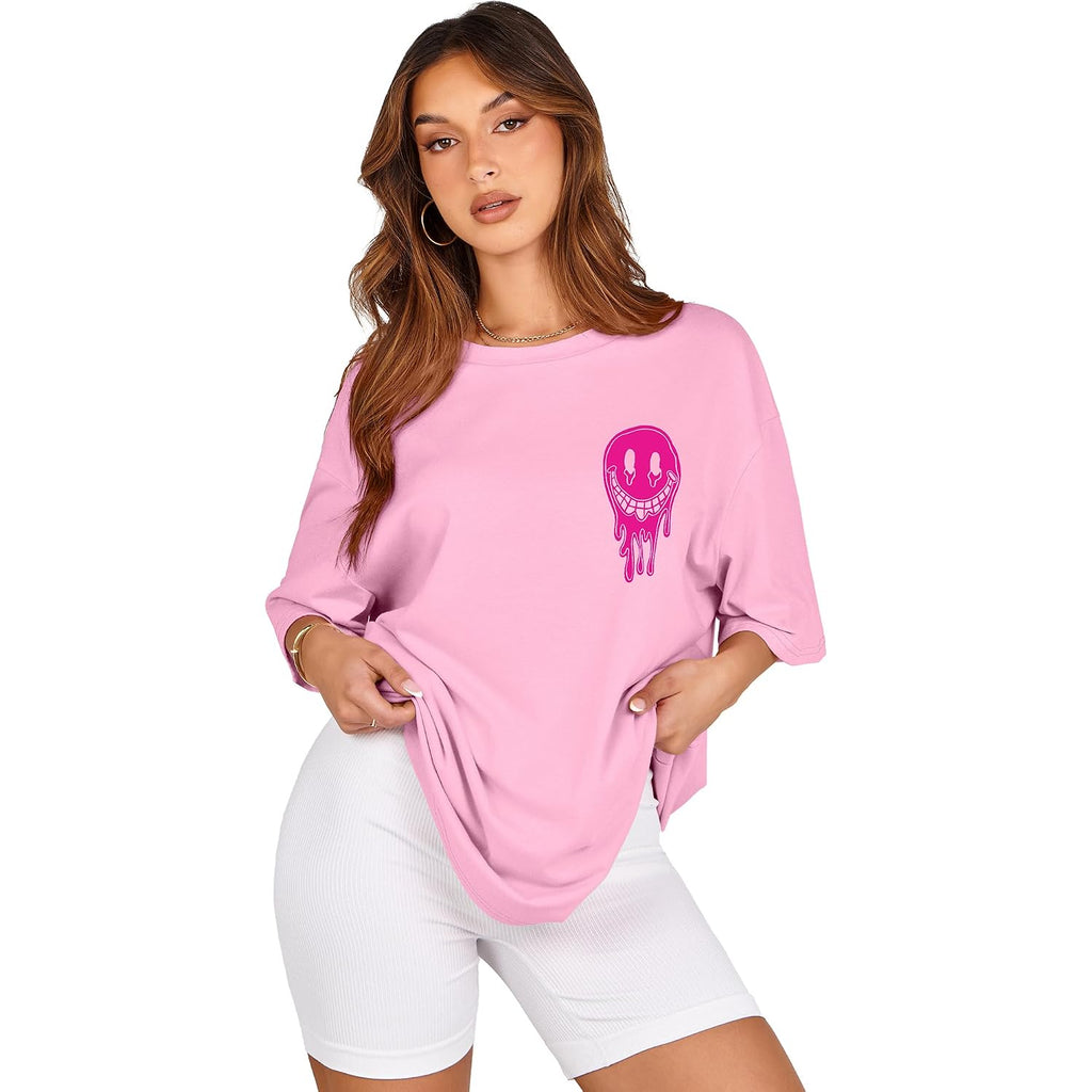 Womens Oversized Tshirt Graphic Tees Crew Neck Summer Short Sleeve Loose Fit Tops 2026 A-letter Print Pink