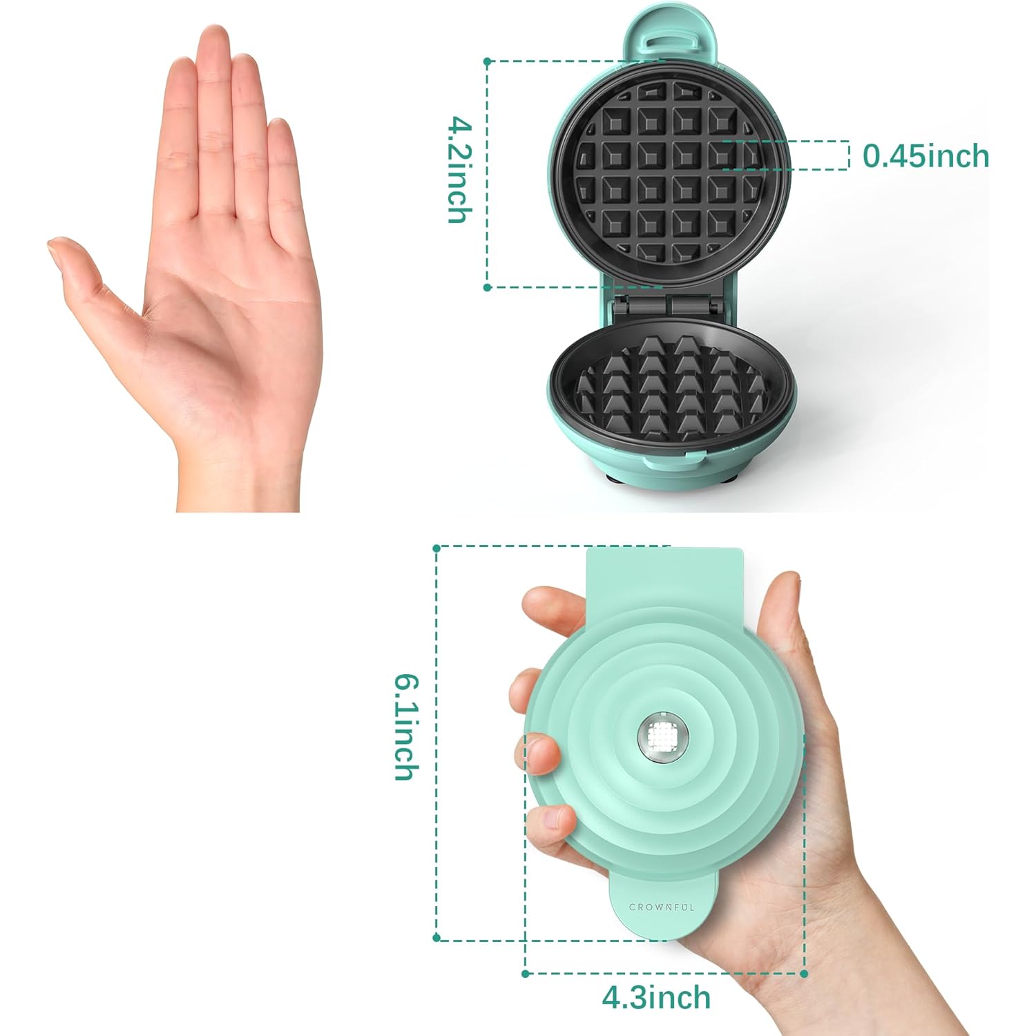 CROWNFUL Mini Waffle Maker, 4" Chaffle Maker with Compact Design, Easy to Clean, Non-Stick Surface, Recipe Guide Included, Perfect for Breakfast, Dessert, Sandwich, or Other Snacks