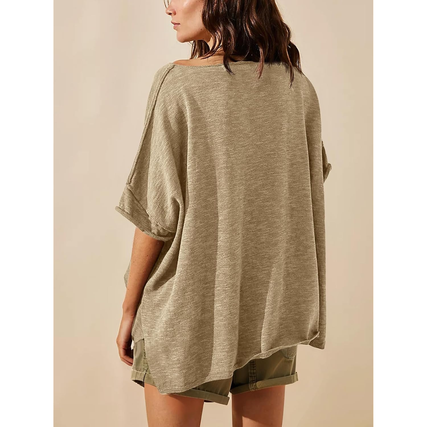Tankaneo Women's Oversized T Shirts Casual Summer Crew Neck Loose Dropped Short Sleeve Side Slit Hem Blouse Tunic Tops