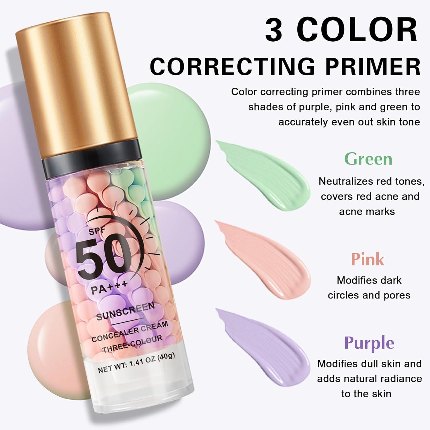 2PCS Color Correcting Primer Face Makeup with Powder Puff,Face Primer with SPF 50,Oil Control Primer Makeup,Hydrates and Moisturizes,Radiance Skin,Protector Solar Para La Cara Con Color