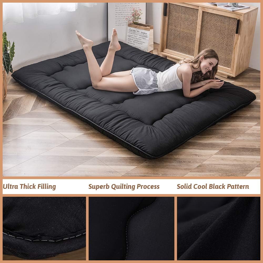 Maxyoyo Japanese Floor Mattress Futon Mattress, 4" Thicken Tatami Mat Sleeping Pad Foldable Roll Up Mat Boys Girls Dormitory Pad Kids Floor Lounger, Black, Full