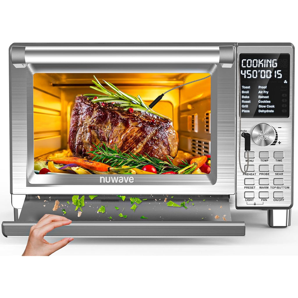 Nuwave Bravo Xl Pro Air Fryer Toaster Oven, Improved 100% Super Convection, Quicker & Crispier Results, 100 Presets, Multi-Layer Even Cooking, 50-500F, Smart Probe, Pfas Free, 30Qt, Stainless Steel