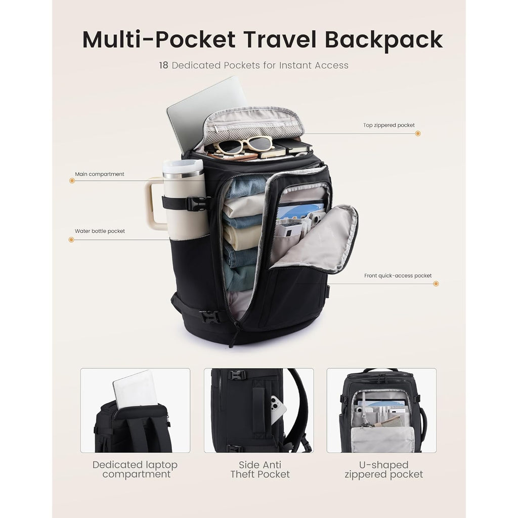 LOVEVOOK Travel Backpack for Women & Men, 25L Airline Approved Personal Item Carry On Backpack, Lightweight with 2 Packing Cubes, Waterproof Daypack for Work, Gym & Weekend Travel, Black