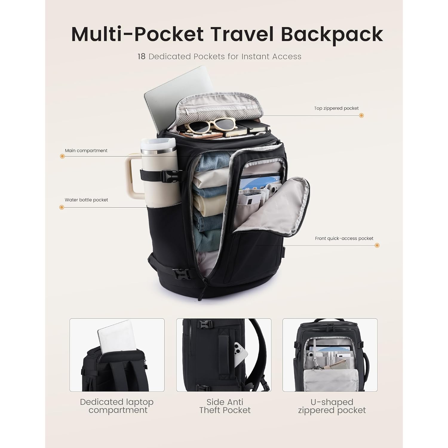 LOVEVOOK Travel Backpack for Women & Men, 25L Airline Approved Personal Item Carry On Backpack, Lightweight with 2 Packing Cubes, Waterproof Daypack for Work, Gym & Weekend Travel, Black