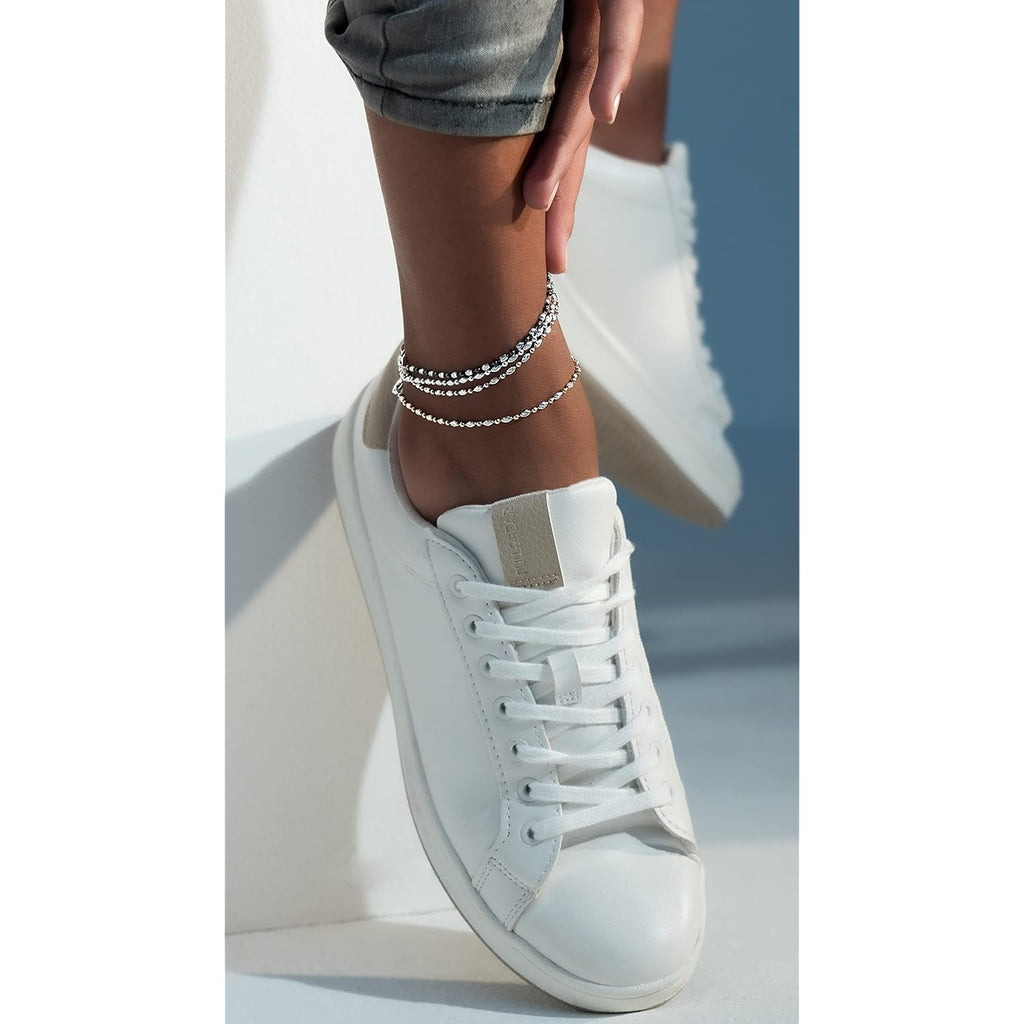Miabella 925 Sterling Silver Diamond-Cut Oval and Round Bead Ball Chain Anklet Ankle Bracelet for Women, Made in Italy