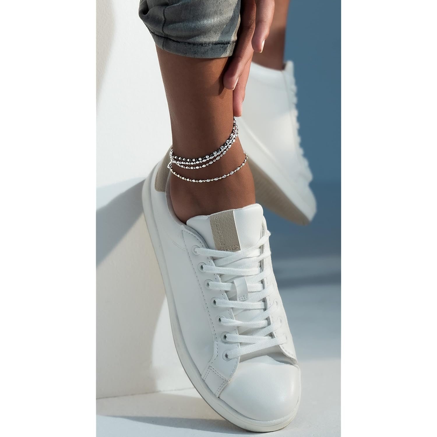 Miabella 925 Sterling Silver Diamond-Cut Oval and Round Bead Ball Chain Anklet Ankle Bracelet for Women, Made in Italy