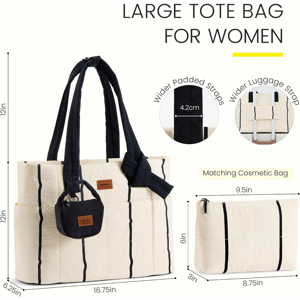 Showkoo Puffer Tote Bag For Women, Lightweight Quilted Tote Handbag With Mini Pouch, Nurse Bag For Travel College & Daily Use