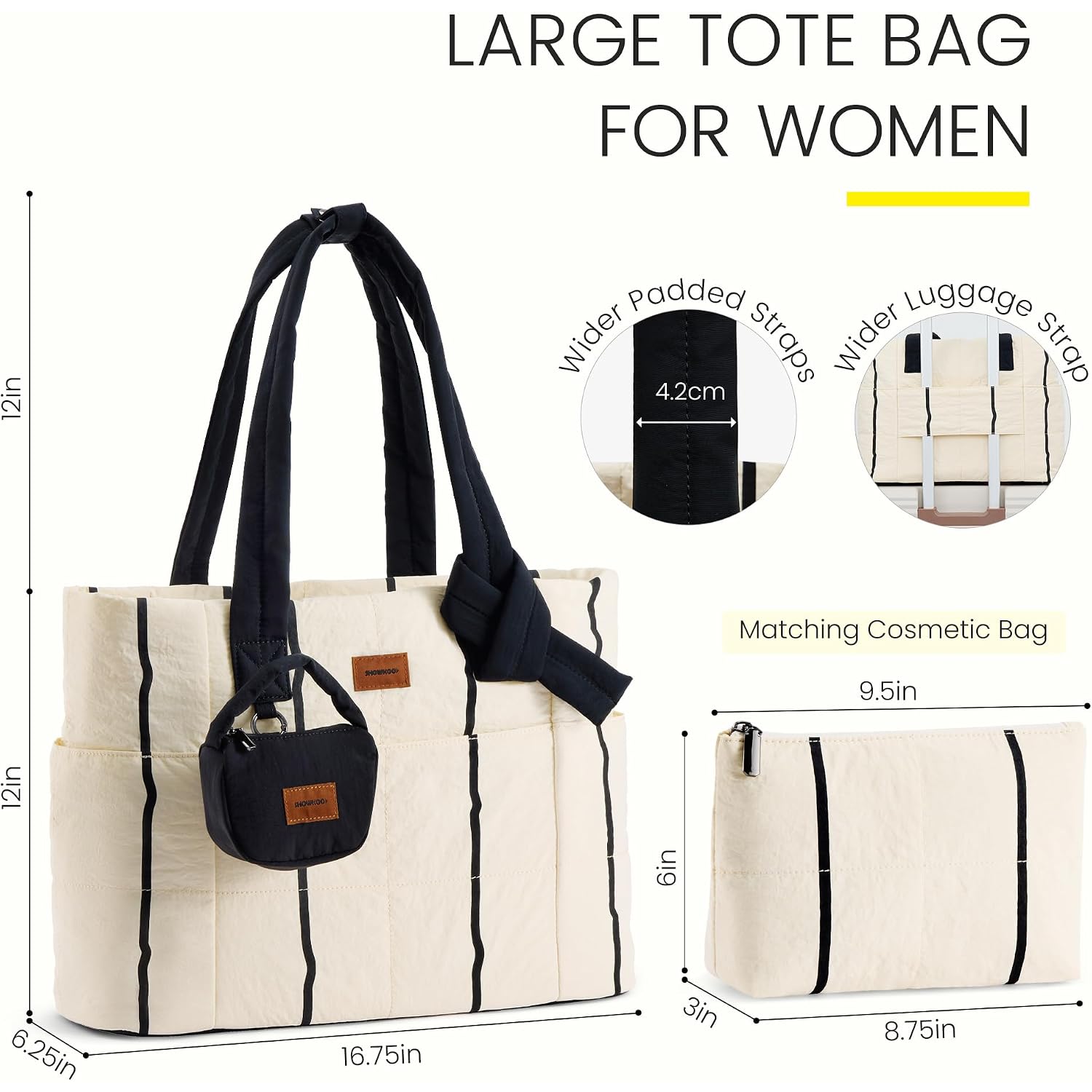 Showkoo Puffer Tote Bag For Women, Lightweight Quilted Tote Handbag With Mini Pouch, Nurse Bag For Travel College & Daily Use