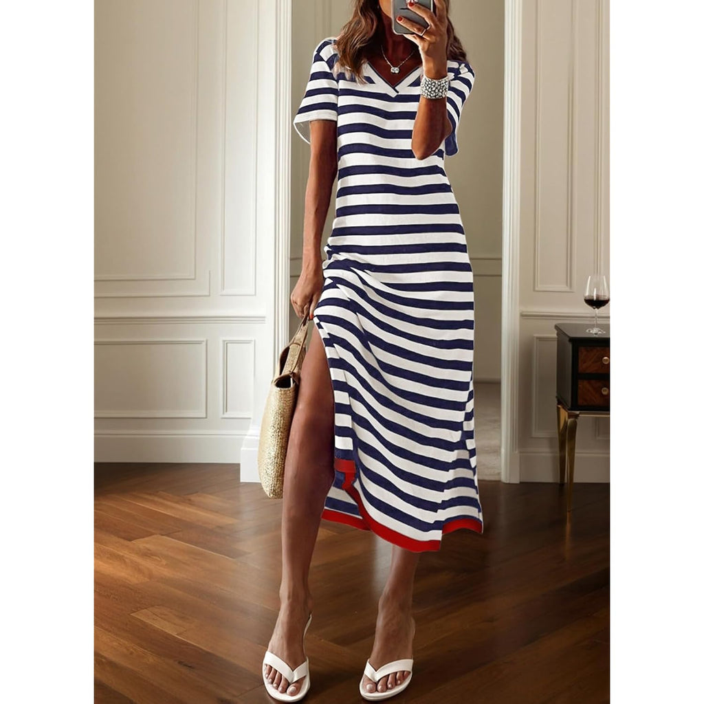 Dokotoo Womens Summer Casual Trendy 2026 Short Sleeve Maxi Dress Striped Split Vacation Color Block T Shirt Dress