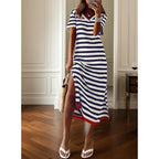 Dokotoo Womens Summer Casual Trendy 2026 Short Sleeve Maxi Dress Striped Split Vacation Color Block T Shirt Dress