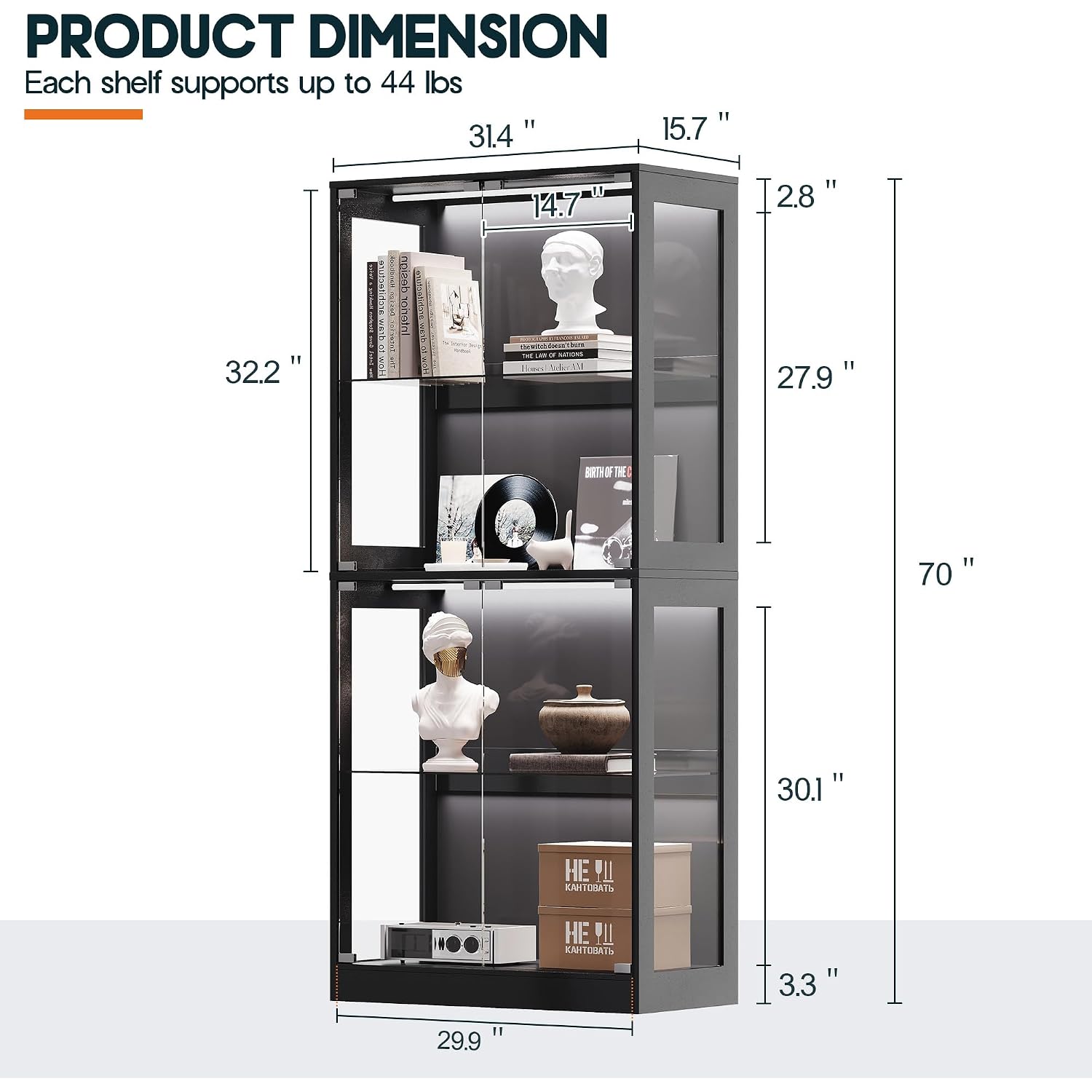 Amerlife 32-Inch Rgb Display Cabinet With Glass Shelves | 70 H X 32 W X 16 D In, 4-Tier Storage, Rgb Led Lights, Press-To-Open Doors, For Collectibles, Black