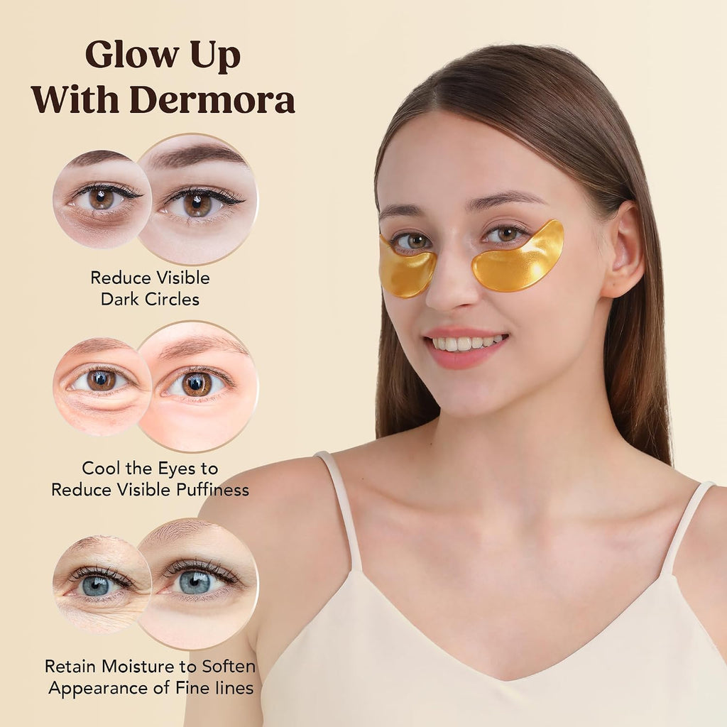 Dermora Golden Glow Under Eye Patches - 50 Pairs Individually Packed, Hydrating Soft Gel Eye Masks For Puffiness, Wrinkles, Dark Circles & Fine Lines, Glowing Skin, Travel Friendly