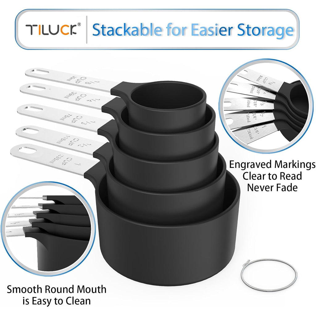 Measuring Cups & Spoons Set, Stackable Cups And Spoons | Nesting Measure Cups With Stainless Steel Handle, Kitchen Gadgets For Cooking & Baking (Black)