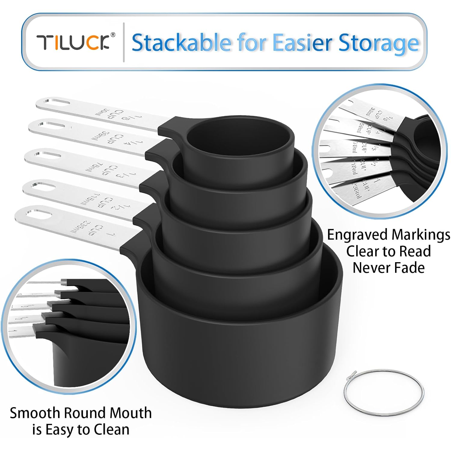 Measuring Cups & Spoons Set, Stackable Cups And Spoons | Nesting Measure Cups With Stainless Steel Handle, Kitchen Gadgets For Cooking & Baking (Black)