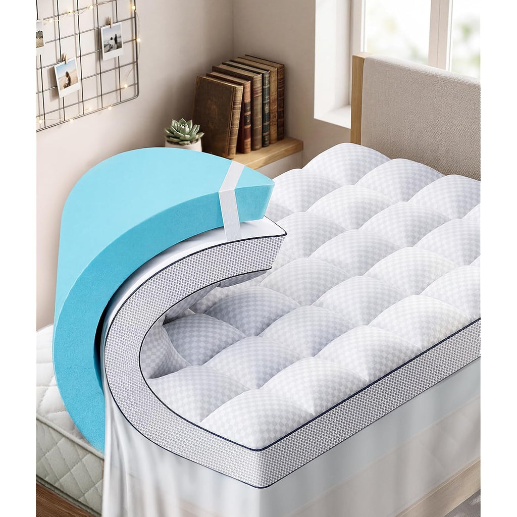 Dual Layer 4 Inch Memory Foam Mattress Topper Twin Xl, 2" Cooling Gel Memory Foam & 2" Pillow Top College Dorm Room Mattress Pad Cover For Back Pain Relief, Certipur-Us Certified, White