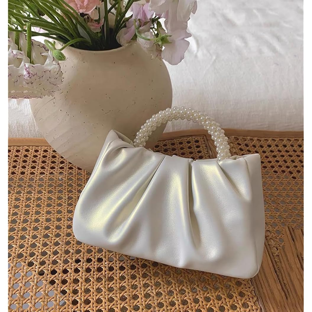 Beatfull Evening Purse Women Small Pearl Handbags Soft Leather Ruched Bag Wedding Bridal Clutch Party Prom Crossbody Purses