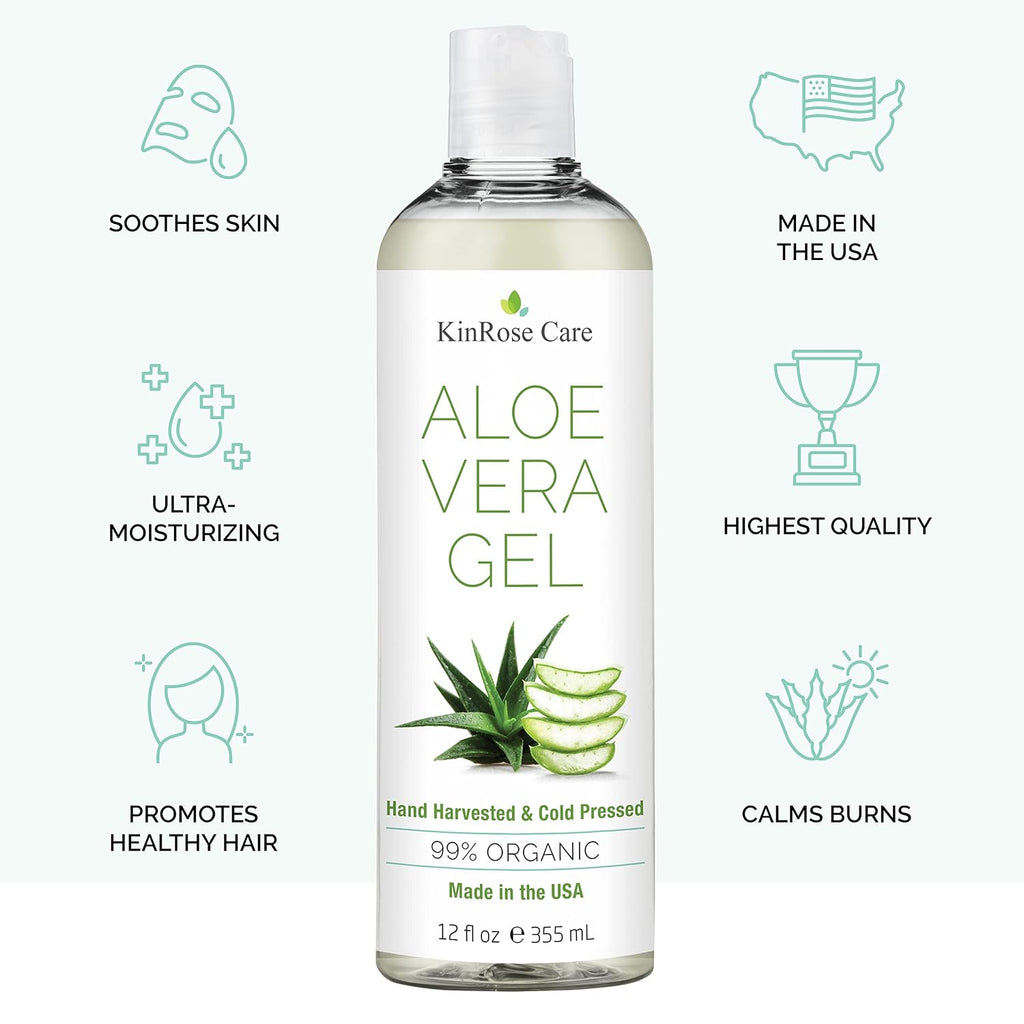 Kinrose Care, 12Oz Aloe Vera Gel For Face, Skin, Hair & Sunburn Relief - From Pure Organic Aloe Vera (99%) - Cold Pressed, Vegan, Unscented - Made In Usa.