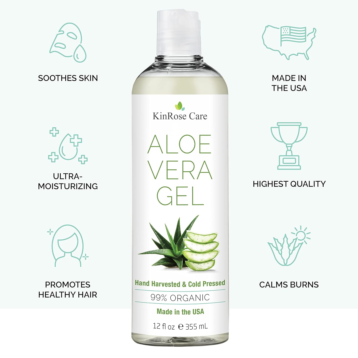 Kinrose Care, 12Oz Aloe Vera Gel For Face, Skin, Hair & Sunburn Relief - From Pure Organic Aloe Vera (99%) - Cold Pressed, Vegan, Unscented - Made In Usa.