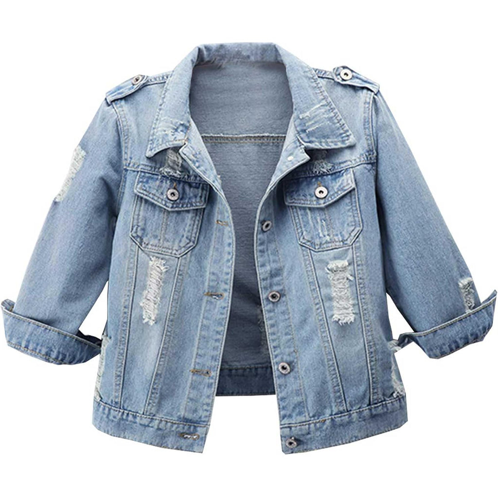Women Autumn 3/4 Sleeve Retro Short Denim Jackets Light Blue Jean Coats