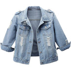 Women Autumn 3/4 Sleeve Retro Short Denim Jackets Light Blue Jean Coats