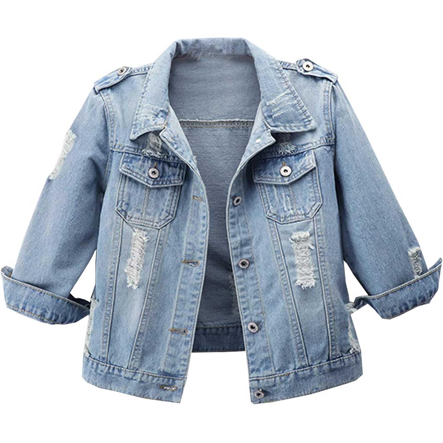Women Autumn 3/4 Sleeve Retro Short Denim Jackets Light Blue Jean Coats