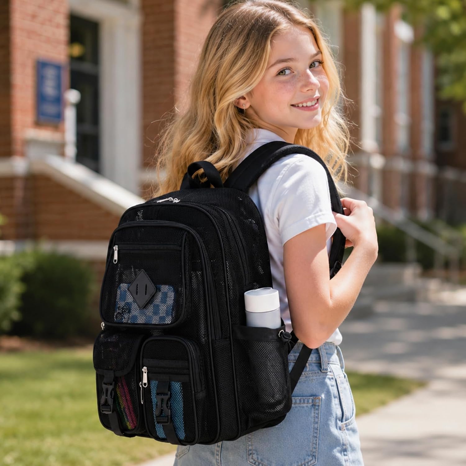 Mesh Backpack For School Heavy Duty See Through Net Bookbag Girls Boys Semi-Transparent Net Back Pack For Beach, Swimming, Sports, Work, Travel (Black)