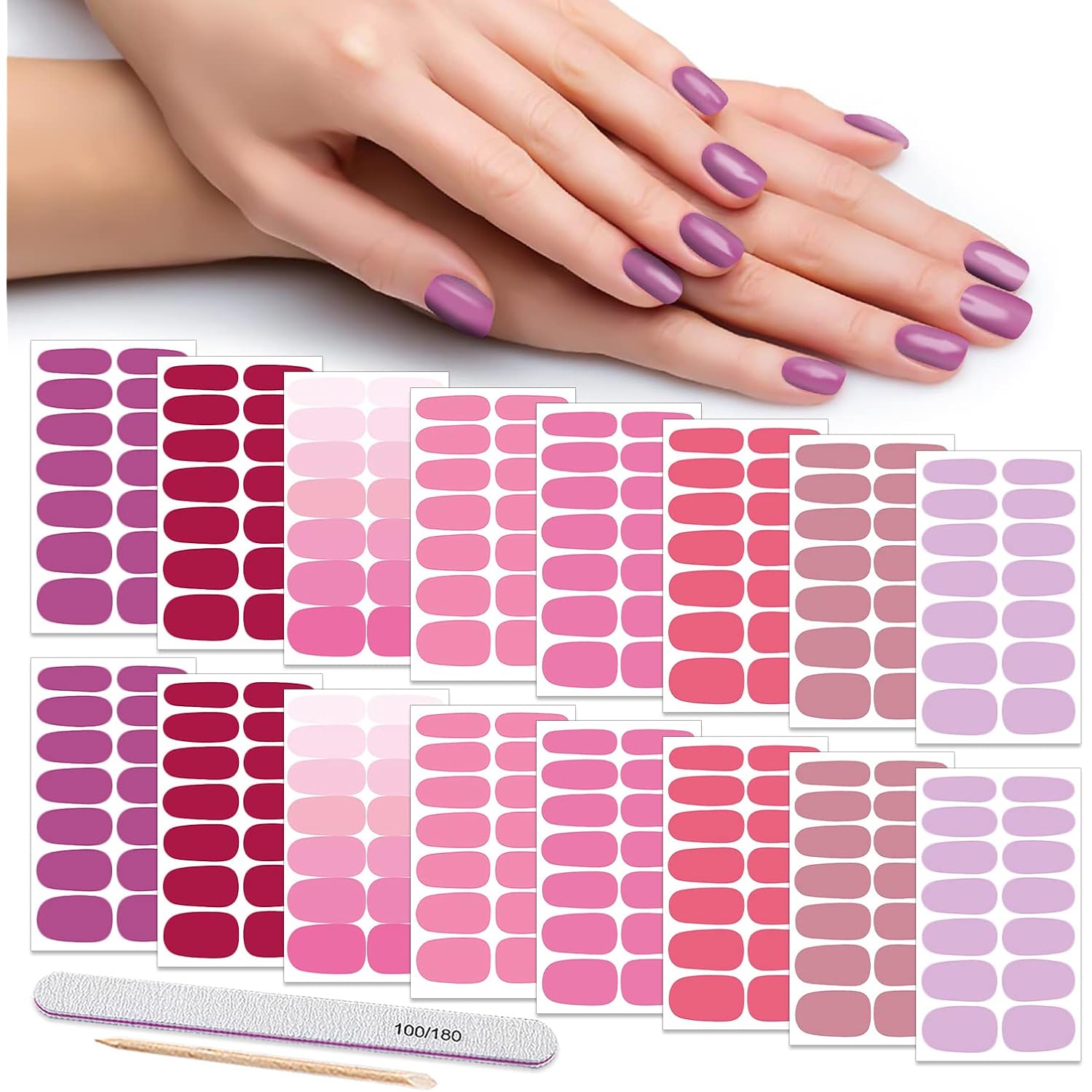 16 Sheets Nail Wraps for Women Nail Polish Strips Solid Color Self Adhesive Sticker Nails Acrylic Nail Art Accessories with 1pc File, Cuticle Stick (Pink Red)