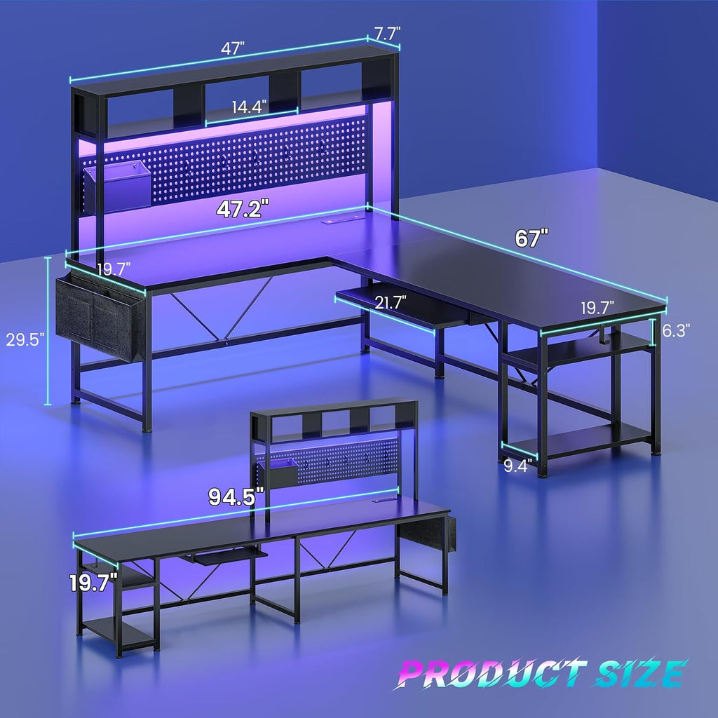 Sedeta L Shaped Gaming Desk, Reversible Computer Desk With Power Outlet And Pegboard, Gaming Desk With Led Lights, Keyboard Tray And Storage Bag For Home Office, Black