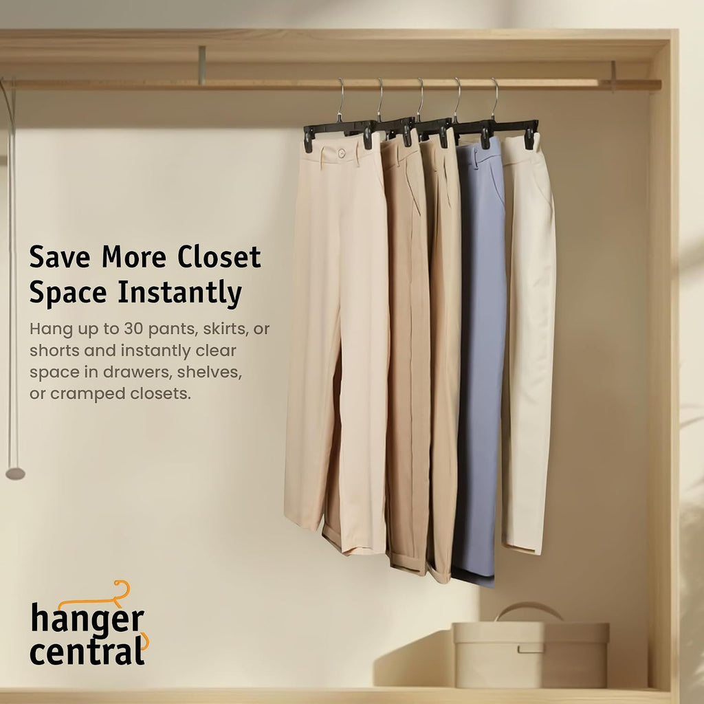 12 Inch 30 Pack Pants Hangers Slim Plastic Clothes Hangers With Clips For Skirts, Shorts & Trousers – Non Slip Grip, Heavy Duty Space Saver With Swivel Hook – Black Closet Organizer