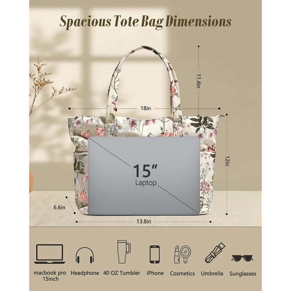 Aesthetic Corduroy Tote Bag - Large Travel Tote Bag For Women With Zipper, Multi Pockets For Work, Teacher, Nurse